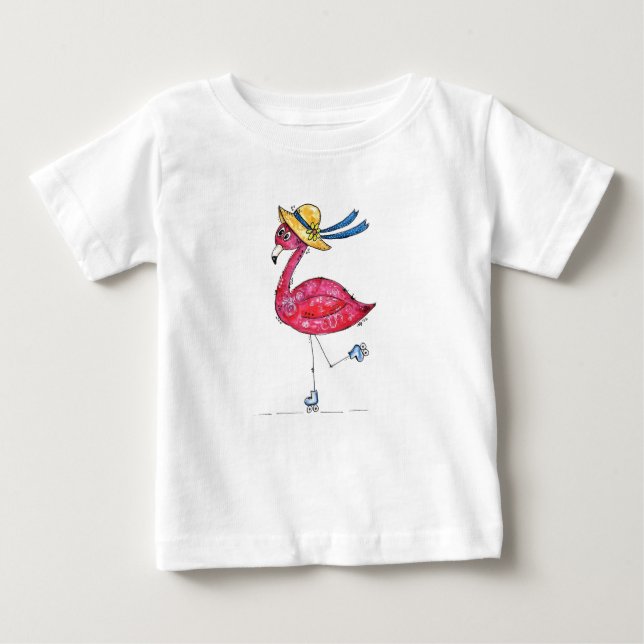 Cute and Whimsical Pink Flamingo on Skates Baby T-Shirt (Front)