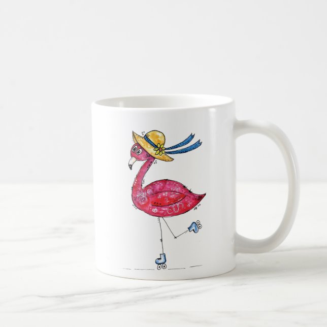 Cute and Whimsical Pink Flamingo on Skates Coffee Mug (Right)
