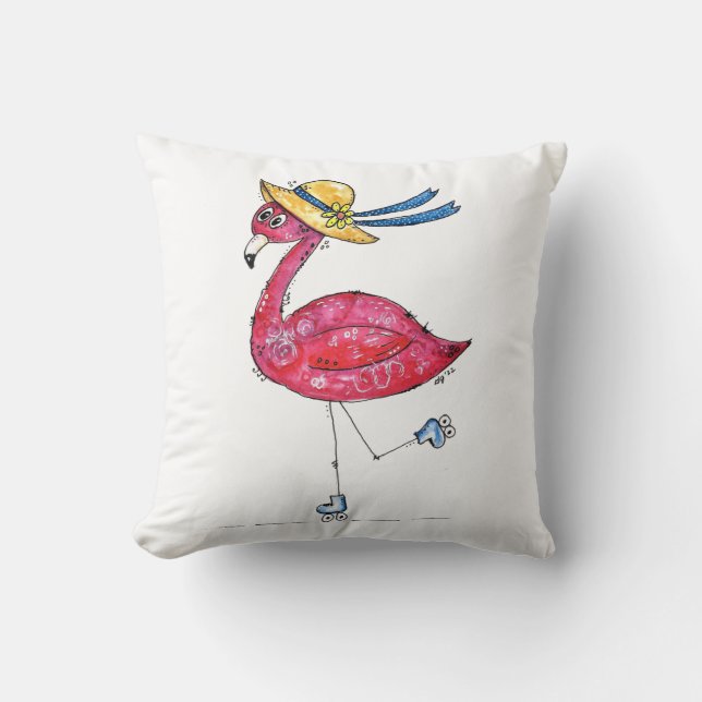 Cute and Whimsical Pink Flamingo on Skates Cushion (Front)