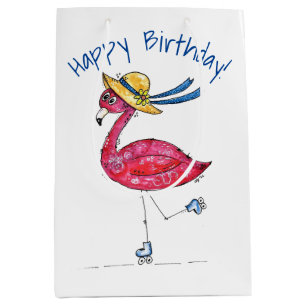 Cute and Whimsical Pink Flamingo on Skates Medium Gift Bag