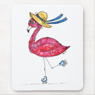 Cute and Whimsical Pink Flamingo on Skates Mouse Pad