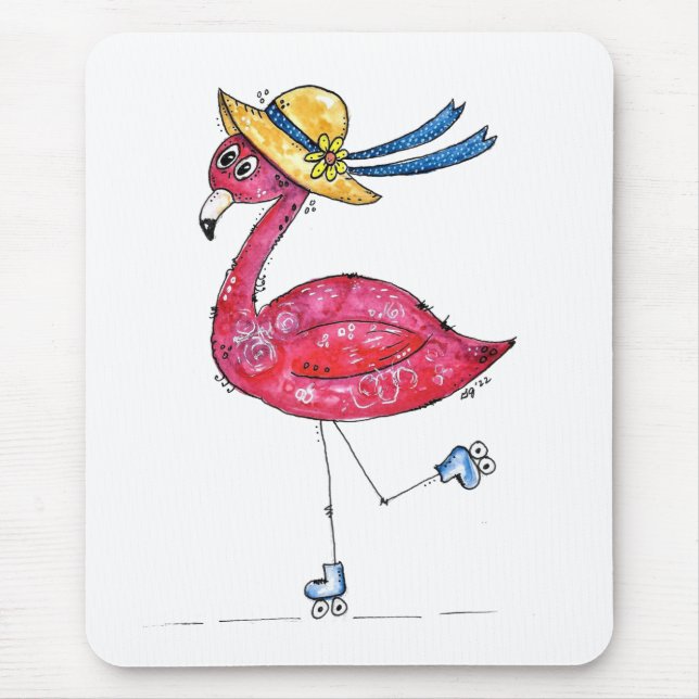 Cute and Whimsical Pink Flamingo on Skates Mouse Pad (Front)