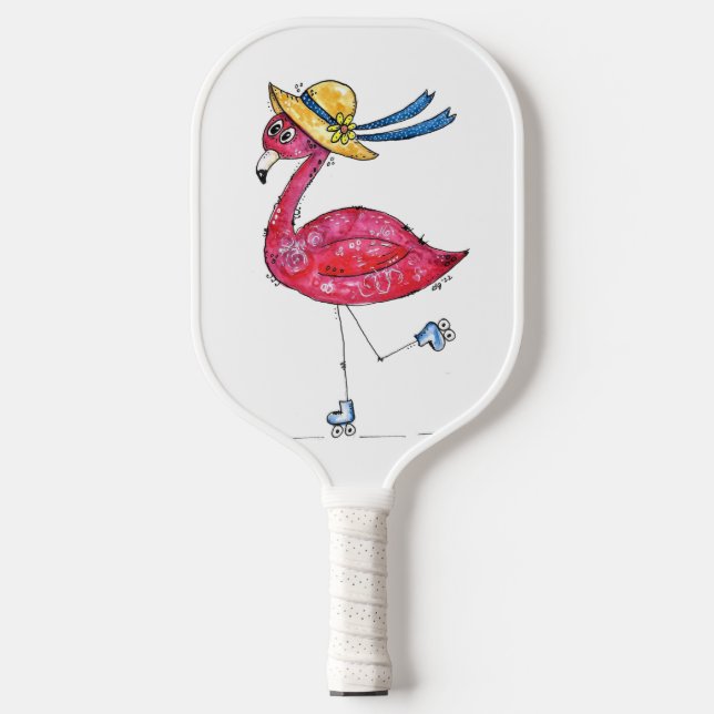 Cute and Whimsical Pink Flamingo on Skates Pickleball Paddle (Front)