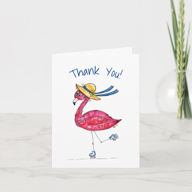 Cute and Whimsical Pink Flamingo on Skates Thank You Card (Front)