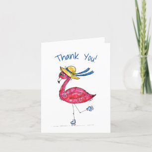Cute and Whimsical Pink Flamingo on Skates Thank You Card