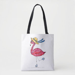 Cute and Whimsical Pink Flamingo on Skates Tote Bag