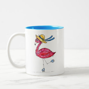 Cute and Whimsical Pink Flamingo on Skates Two-Tone Coffee Mug