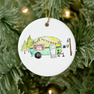 Cute and Whimsical Retro Happy Camper Ceramic Ornament