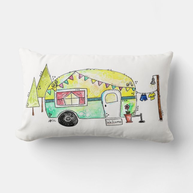 Cute and Whimsical Retro Happy Camper Lumbar Cushion (Front)