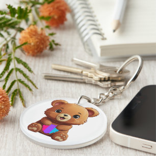Cute Androgynous Pride Flag Bear Holding Heart Key Ring