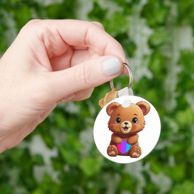 Cute Androgynous Pride Flag Bear Holding Heart Key Ring (Hand)