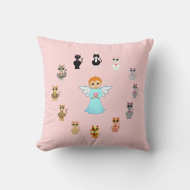 Cute angel and cat cartoons on pink cushion (Front)