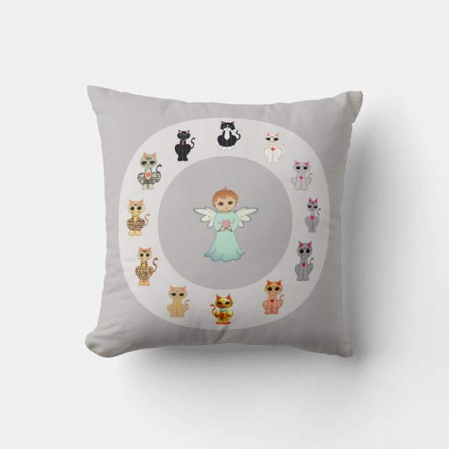 Cute angel and cat cartoons on silver grey cushion (Front)