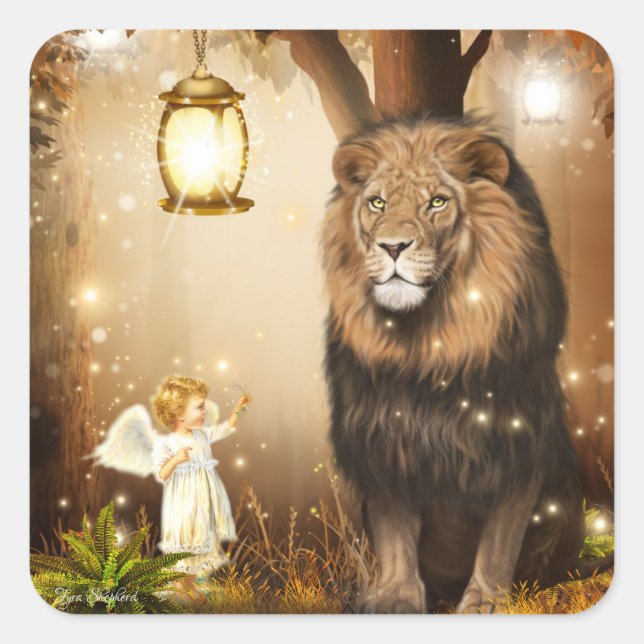 Cute Angel and Lion Fantasy Square Sticker (Front)