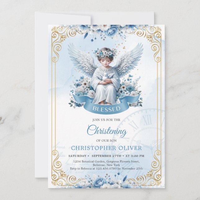 Cute angel blue flowers gold frame boy christening invitation (Front)