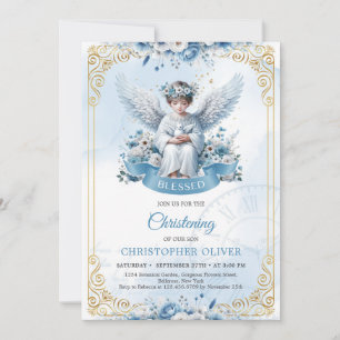 Cute angel blue flowers gold frame boy christening invitation