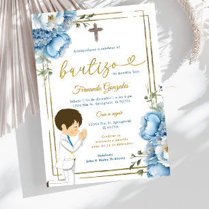 Cute Angel Boy Spanish Bautizo Dusty Blue Gold Invitation