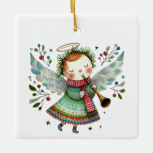 Cute Angel Folk Art Style Ceramic Ornament