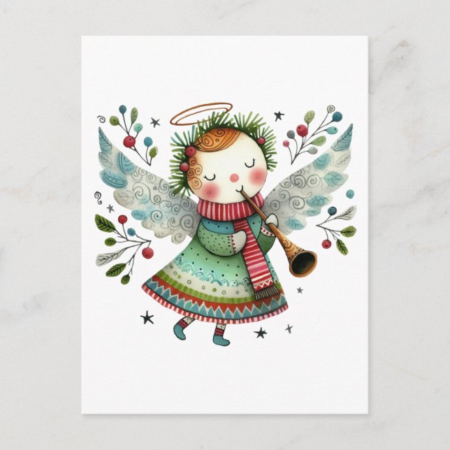 Cute Angel Folk Art Style Merry Christmas Postcard (Front)