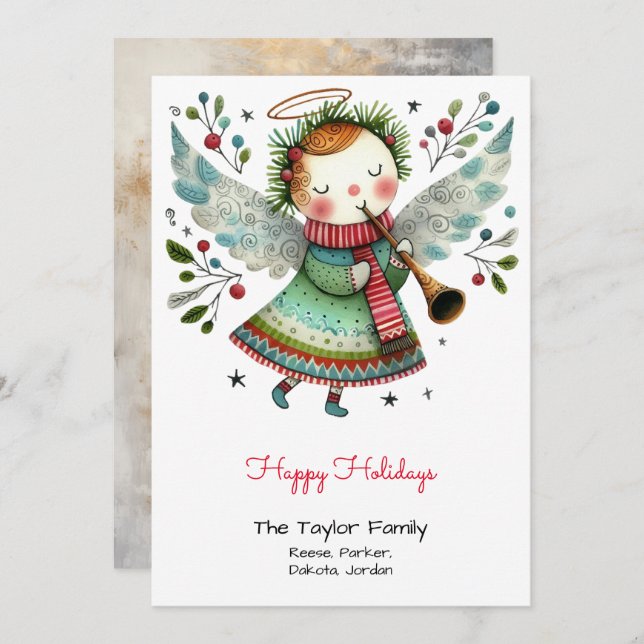Cute Angel Illustration Happy Holiday Card (Front/Back)