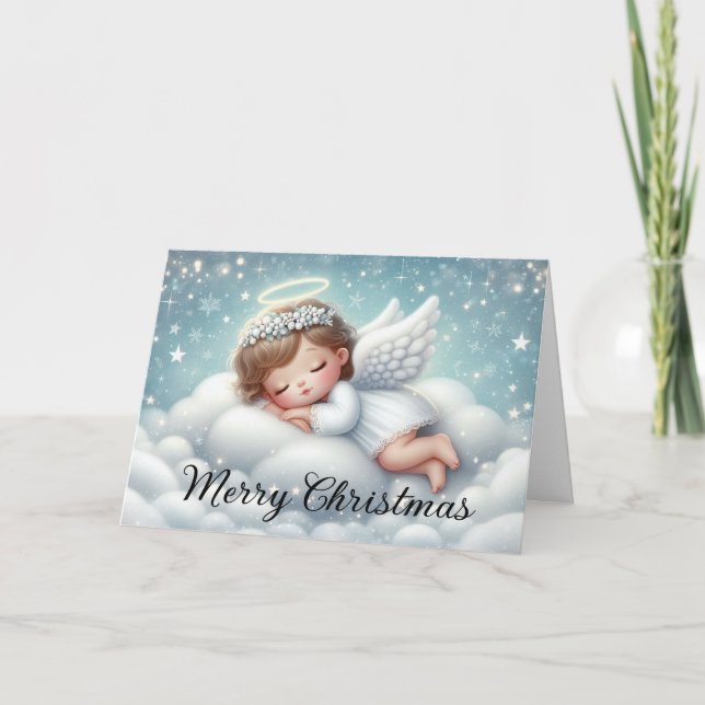 Cute Angel Sleeping on a Fluffy Cloud Holiday Card (Front)