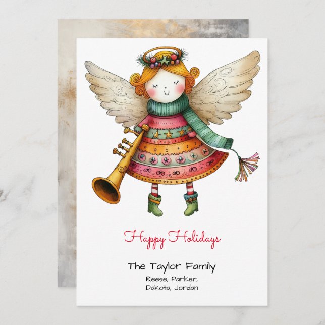 Cute Angel Whimsical Illustration Happy  Holiday Card (Front/Back)