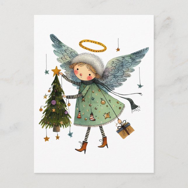Cute Angel with a Christmas Tree Postcard (Front)