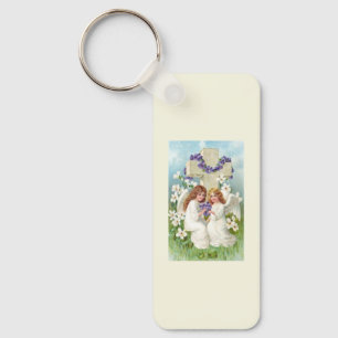 Cute Angels With Cross And Flowers Key Ring