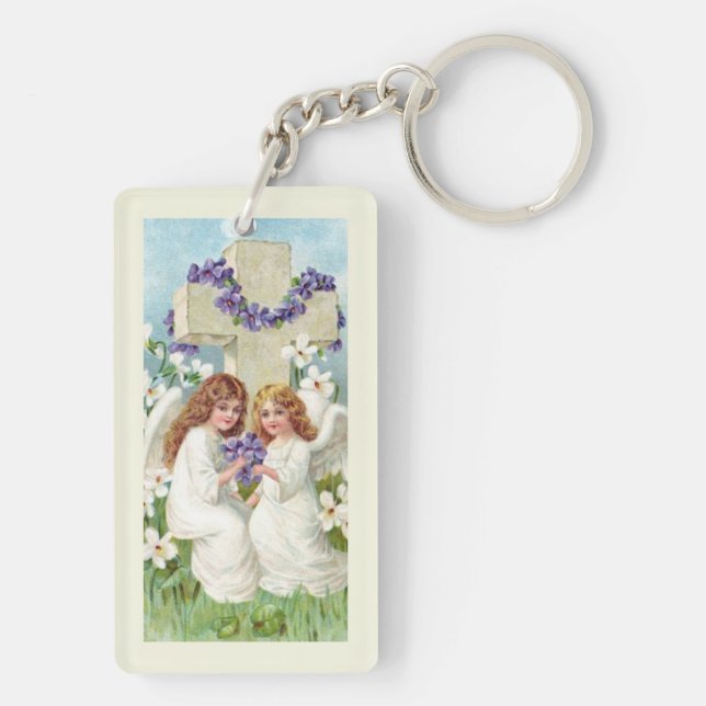Cute Angels With Cross And Flowers  Key Ring (Back)