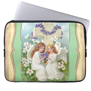 Cute Angels With Cross And Flowers Laptop Sleeve