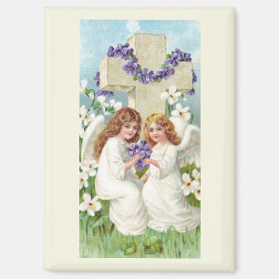 Cute Angels With Cross And Flowers Magnet