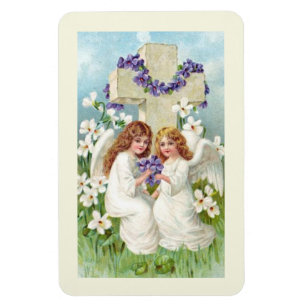 Cute Angels With Cross And Flowers Magnet