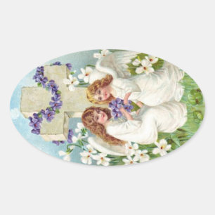 Cute Angels With Cross And Flowers Oval Sticker