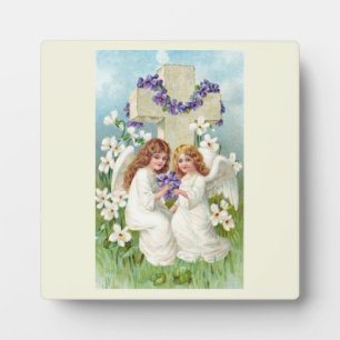 Cute Angels With Cross And Flowers Plaque