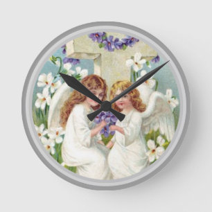 Cute Angels With Cross And Flowers Round Clock