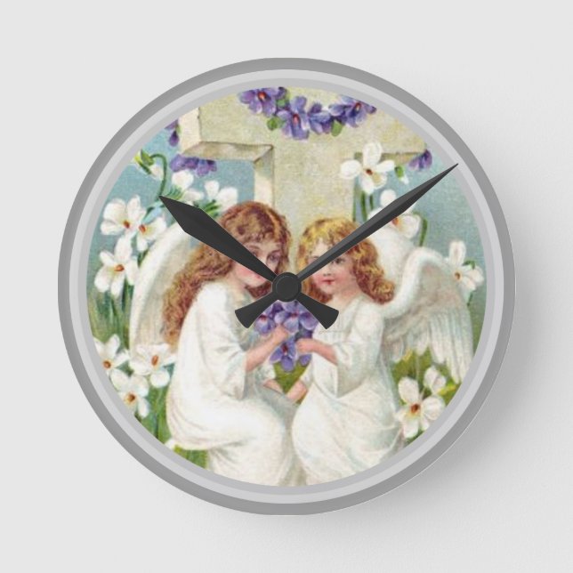 Cute Angels With Cross And Flowers  Round Clock (Front)