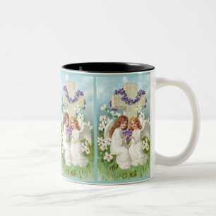 Cute Angels With Cross And Flowers. Two-Tone Coffee Mug