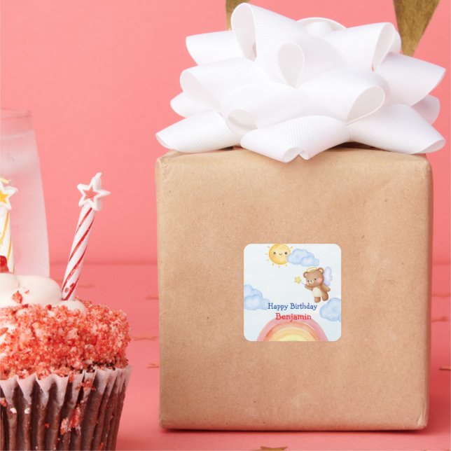 Cute Angle teddy bear wing Birthday Party Square Sticker (Party)