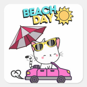 Cute Angora White Cat driving to the beach Square Sticker