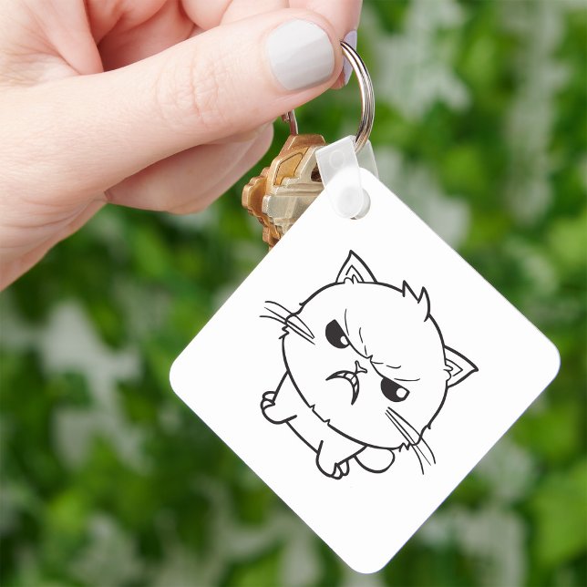 Cute angry cat hissing. key ring (Cute Angry hissing Cat Line Art Illustration. Keychain)