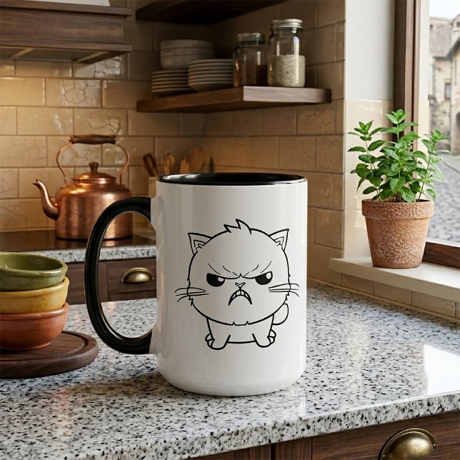 Cute angry cat hissing. mug (Cute Angry hissing Cat Line Art Illustration. Mug)