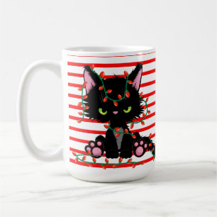 CUTE ANGRY CHRISTMAS BLACK CAT WITH LIGHTS COFFEE MUG