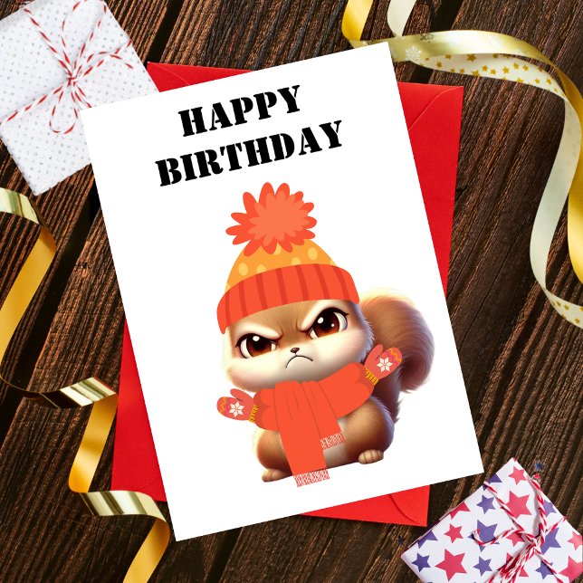 Cute Angry Squirrel bundled up, funny birthday Holiday Card (Front)