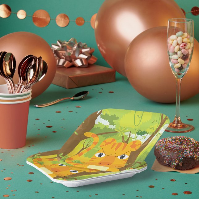 Cute Angry Tiger Cartoon in Jungle  Paper Plate (Creator Uploaded)