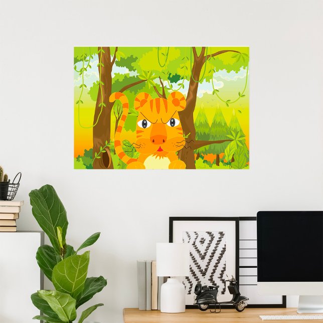 Cute Angry Tiger Cartoon in Jungle  Poster (Creator Uploaded)