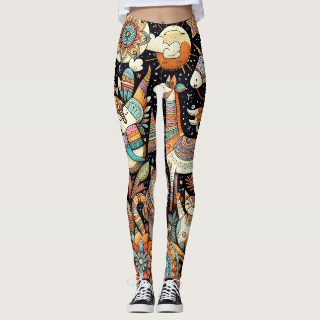 cute animal and floral multielemental doodle leggings (Front)