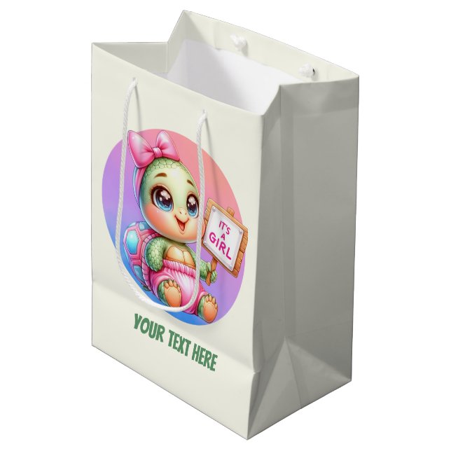 Cute animal baby girl customisable turtle medium gift bag (Front Angled)
