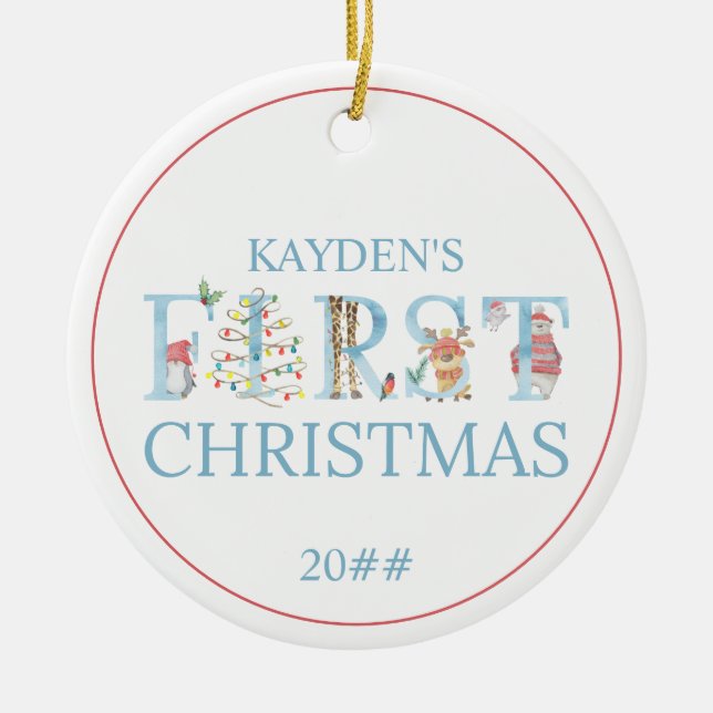 Cute Animal Baby's 1st Photo Christmas Ceramic Ornament (Front)