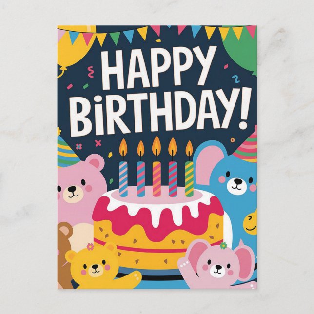Cute Animal Birthday Party Design for Kids Postcard (Front)
