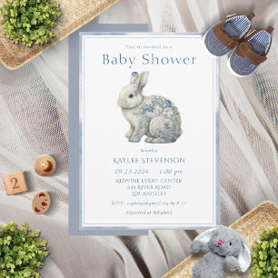 Cute Animal Blue Watercolor Floral Baby Shower Invitation